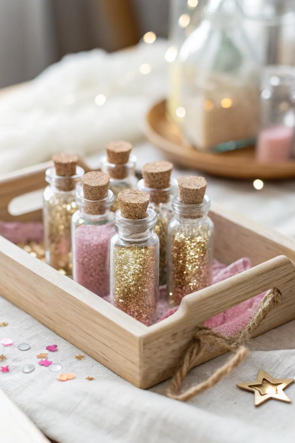 Capture the magic of sunlight with glitter-filled mini bottles that sparkle and shine.