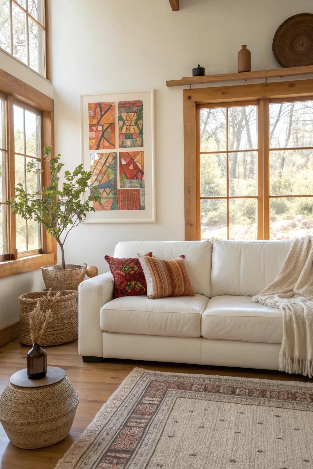 Bold art transforms a white leather sofa into a canvas of creativity and color. #ArtfulLiving #HomeDecor