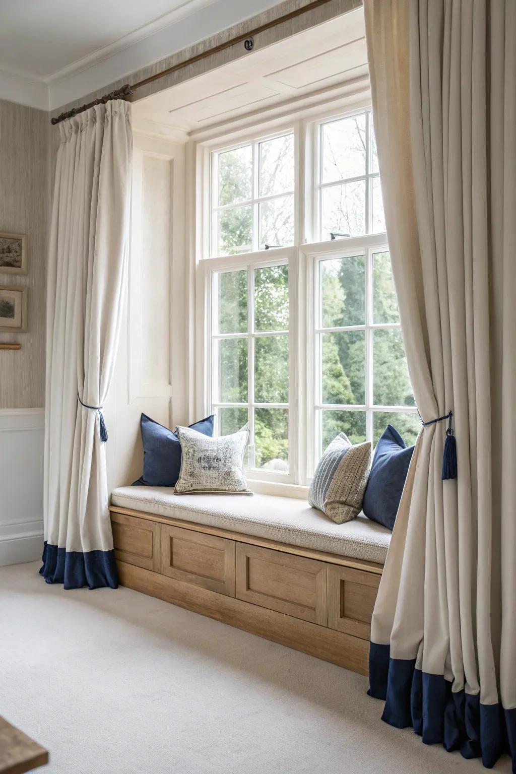 Create a theatrical flair with floor-length curtains for a stunning window seat. #WindowSeat #HomeDecor #CurtainStyle