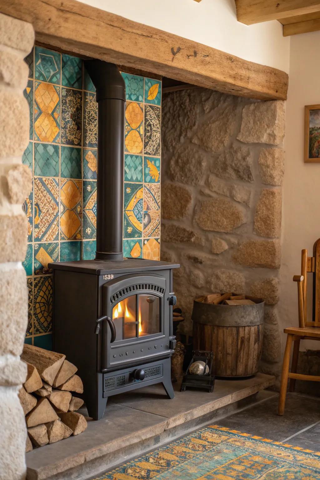 Embrace nature with rustic stone tiles, creating a cozy and inviting space around your wood burning stove. #RusticCharm #HomeDecor