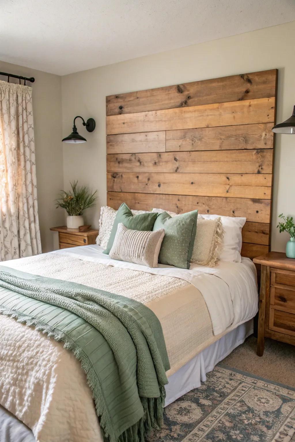 Add rustic elegance to your bedroom with a charming wood plank headboard. 🌿 #BedroomInspiration #RusticCharm