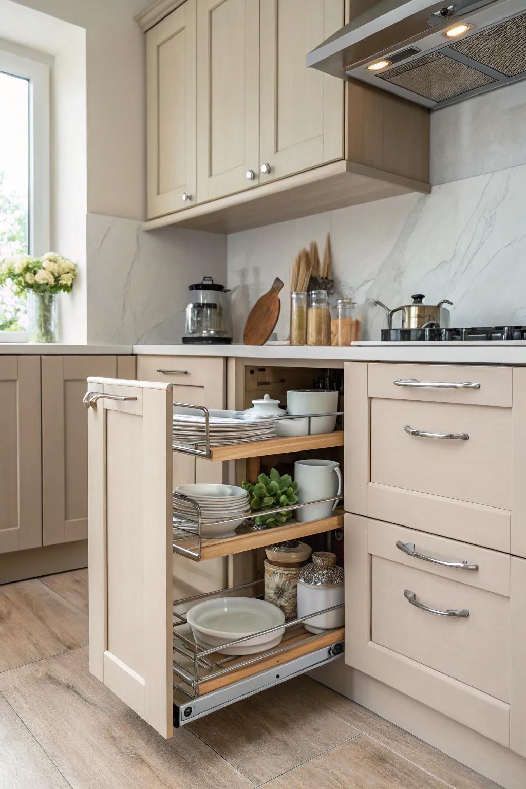 Unlock the potential of your kitchen corners with pullout units designed for ease and efficiency.