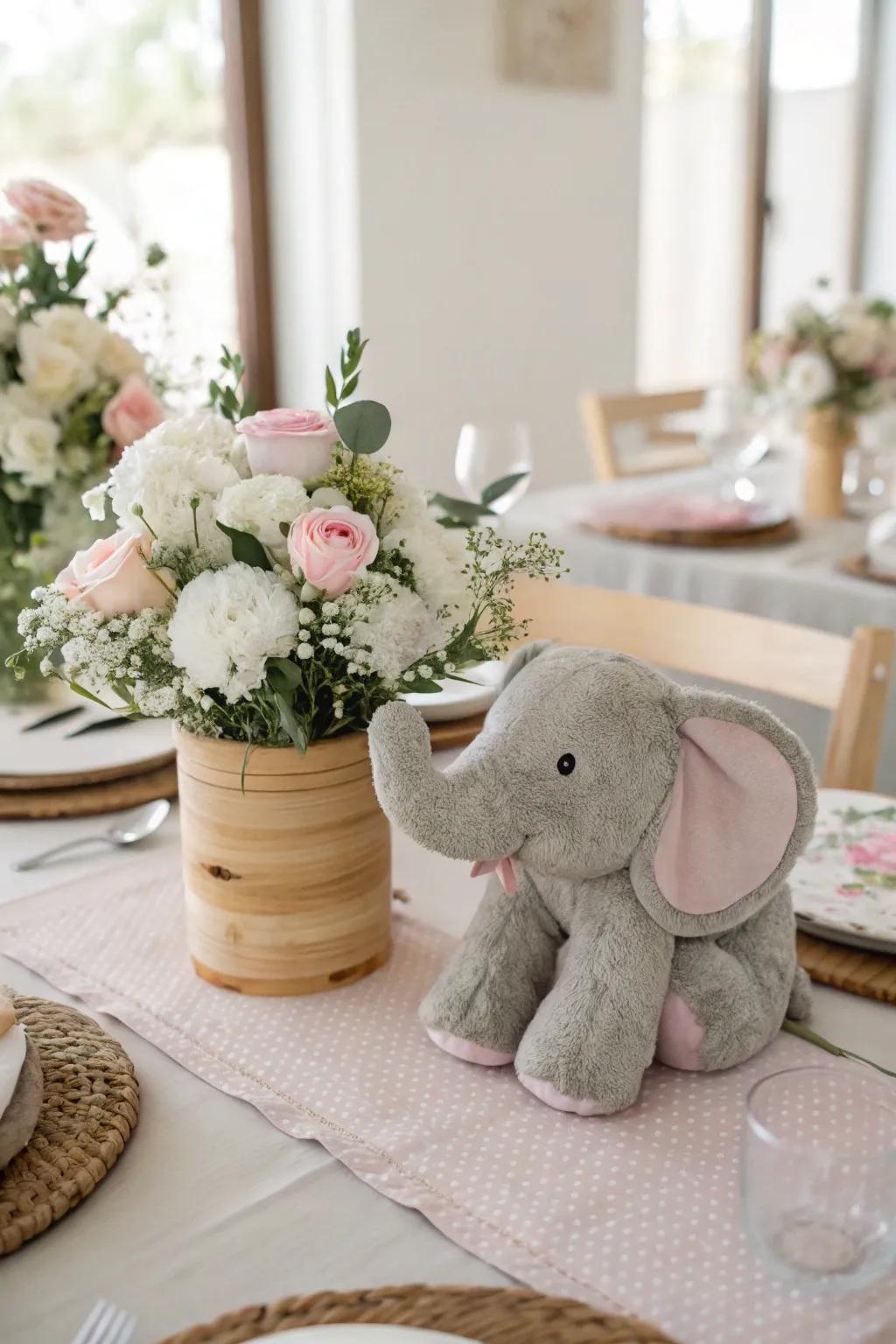 Enchant your guests with adorable elephant centerpieces that add a touch of whimsy to the table.
