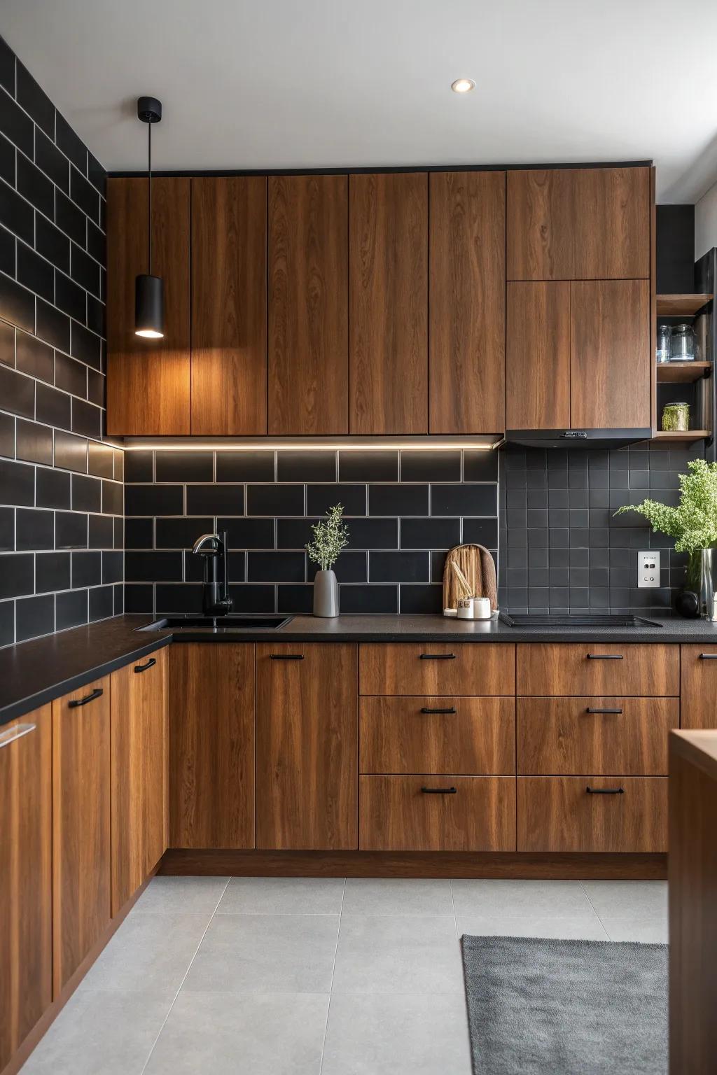 A black backsplash makes a bold statement, highlighting the depth of cherry wood.