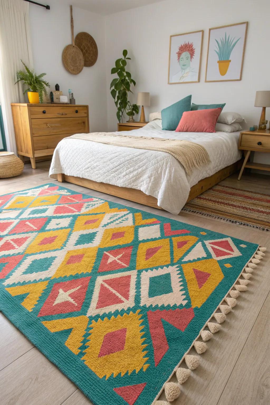 Add a splash of personality with a bold patterned rug, perfect for making a statement in a minimalist bedroom.