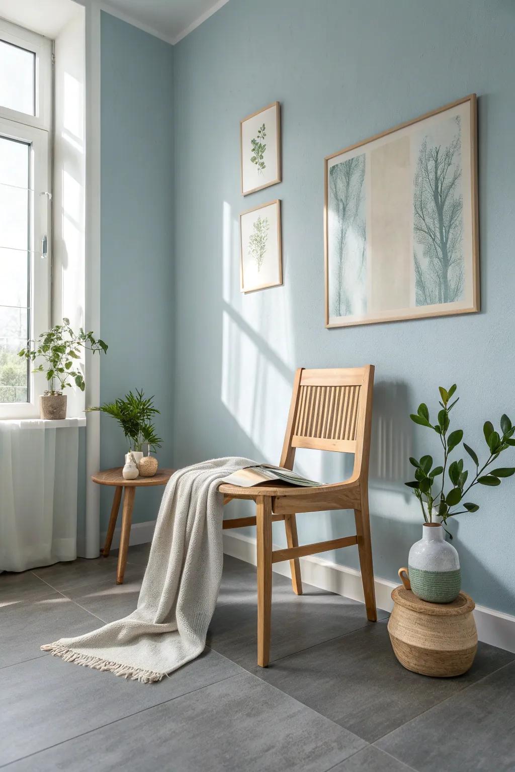Light blue walls and gray floors together create a tranquil oasis, perfect for unwinding after a long day.