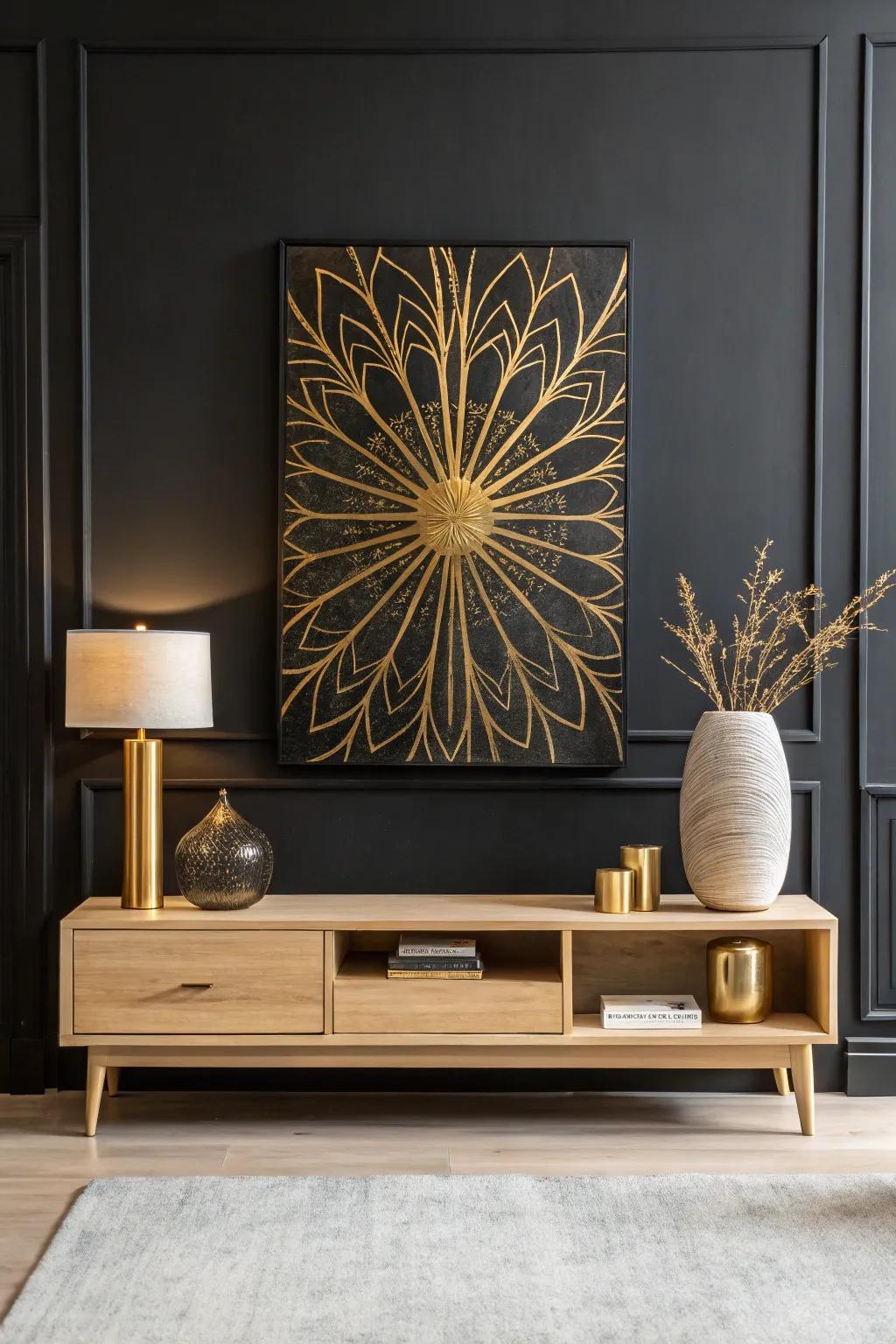 Elevate your space with art that shines—gold-accented pieces against a bold black wall.