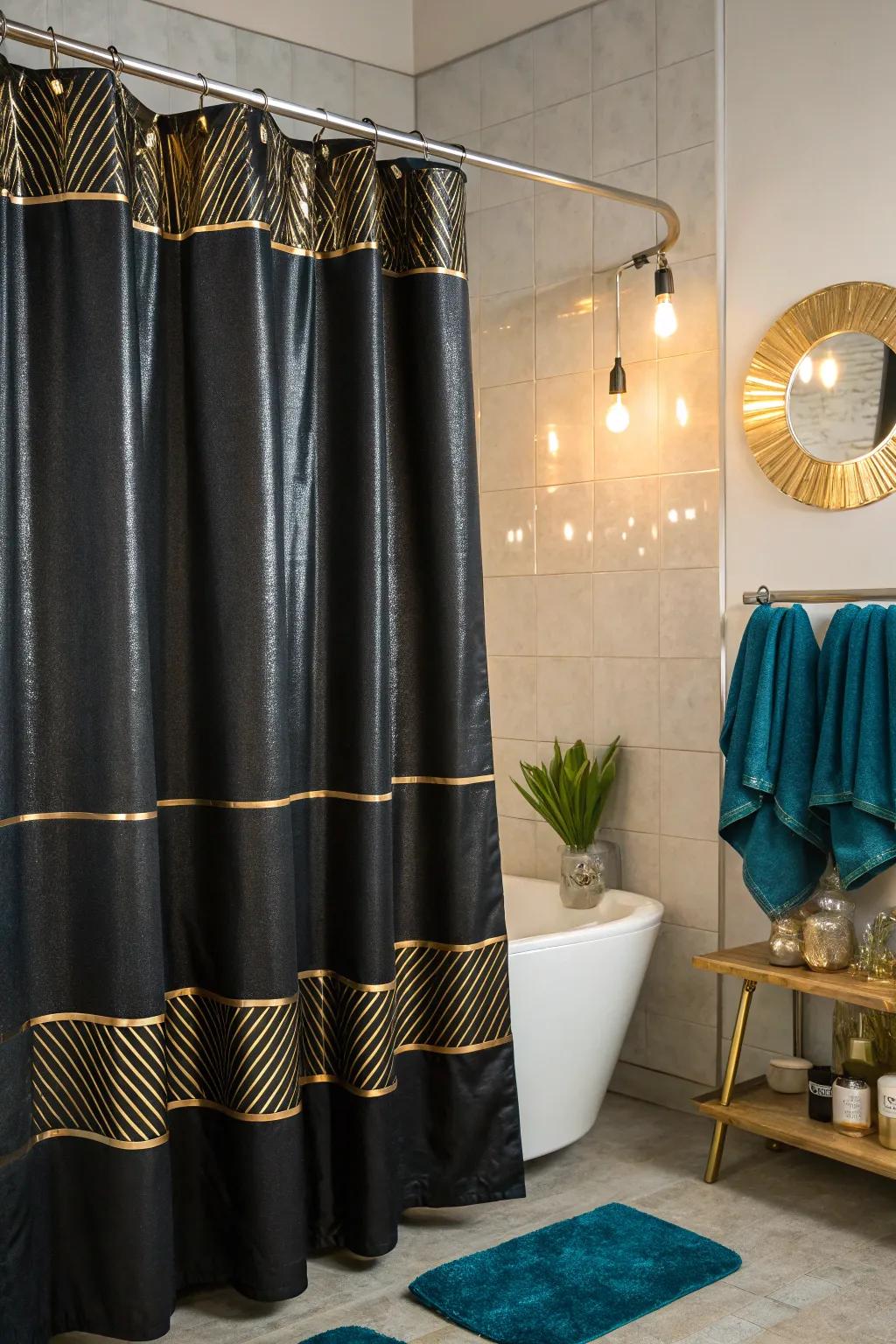 Introduce a sparkle with metallic accents on your black shower curtain for a luxurious feel.