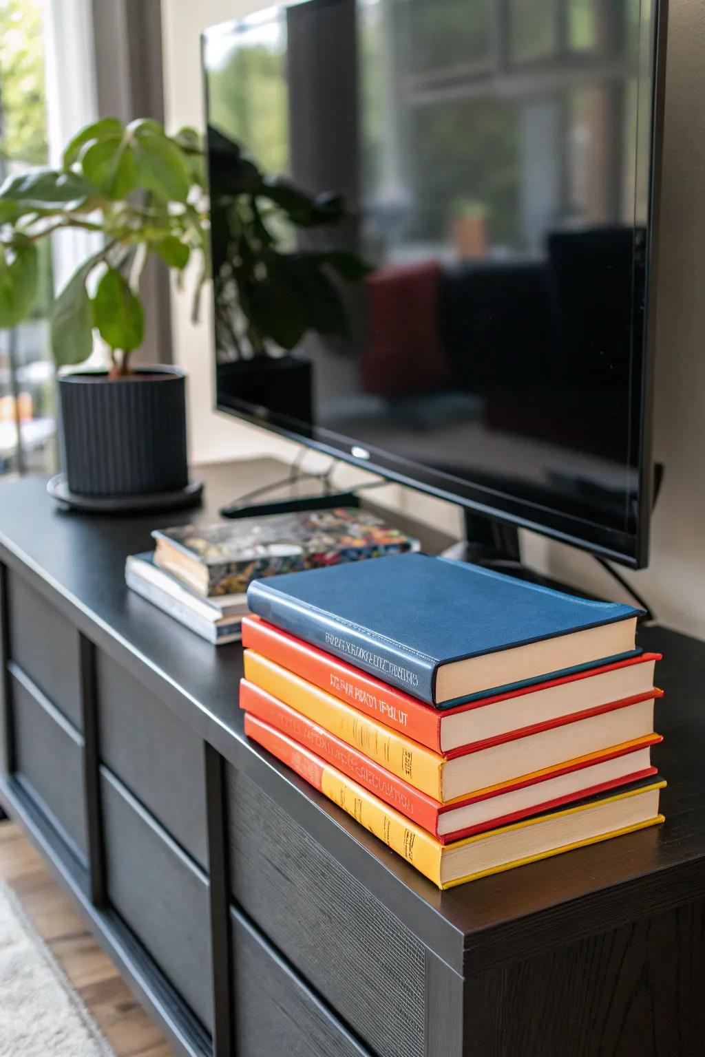 Transform your TV stand into a mini library with carefully curated books.
