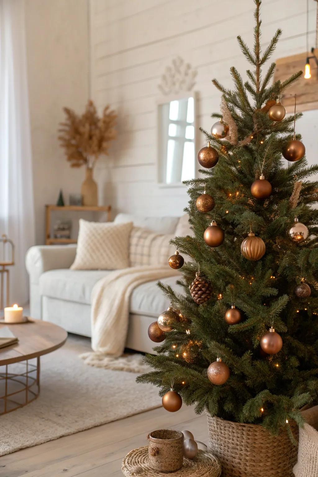 Bronze baubles glisten, adding a touch of glamour to your Christmas tree.