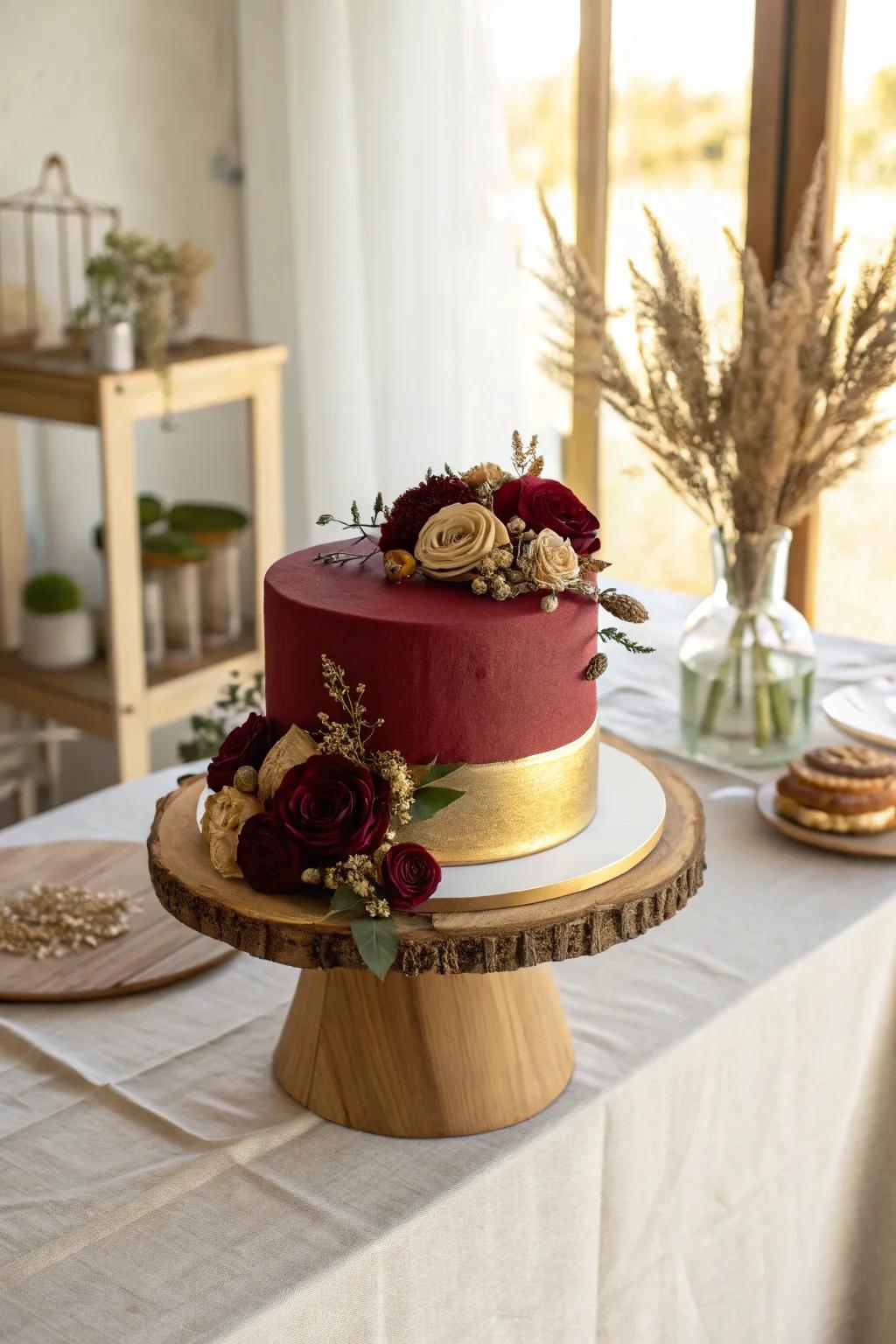 Sleek fondant paired with burgundy florals creates a polished and natural cake design.