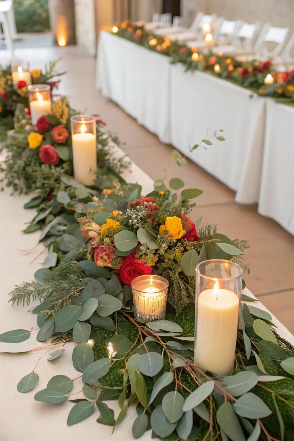 Greenery and candlelight entwine beautifully to create this fresh, romantic centerpiece.