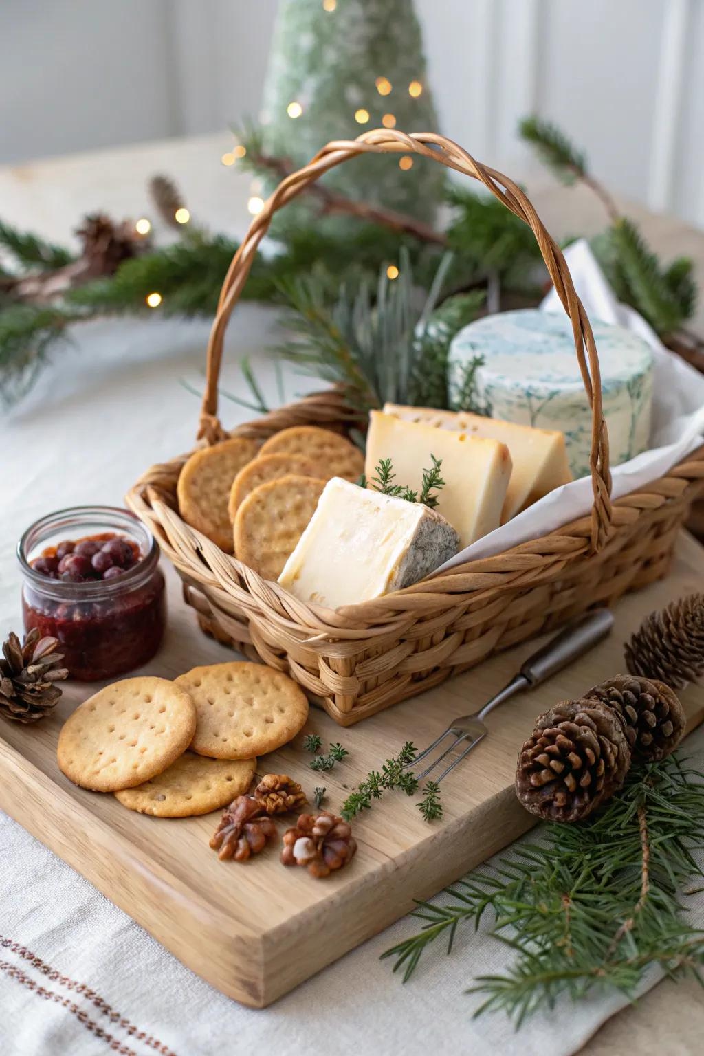 Tickle the taste buds with a gourmet cheese and cracker basket, the perfect treat for festive gatherings.