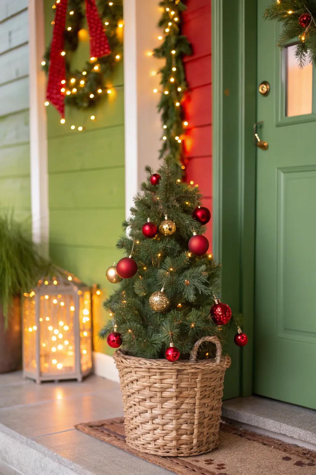 A miniature Christmas tree in a cozy basket brings festive cheer and height to your entryway.