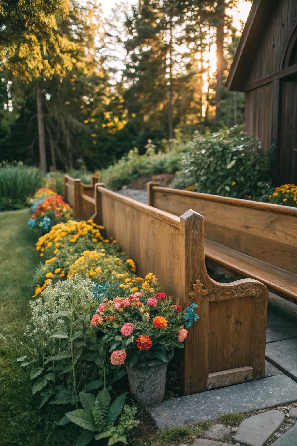 Transform your garden into a serene sanctuary with the timeless beauty of a church pew.