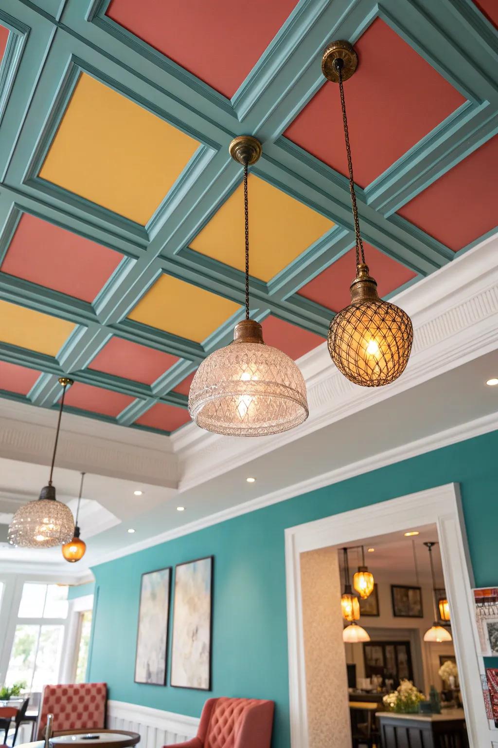 Pendant lights add depth and character to coffered ceilings, enhancing the room's atmosphere.