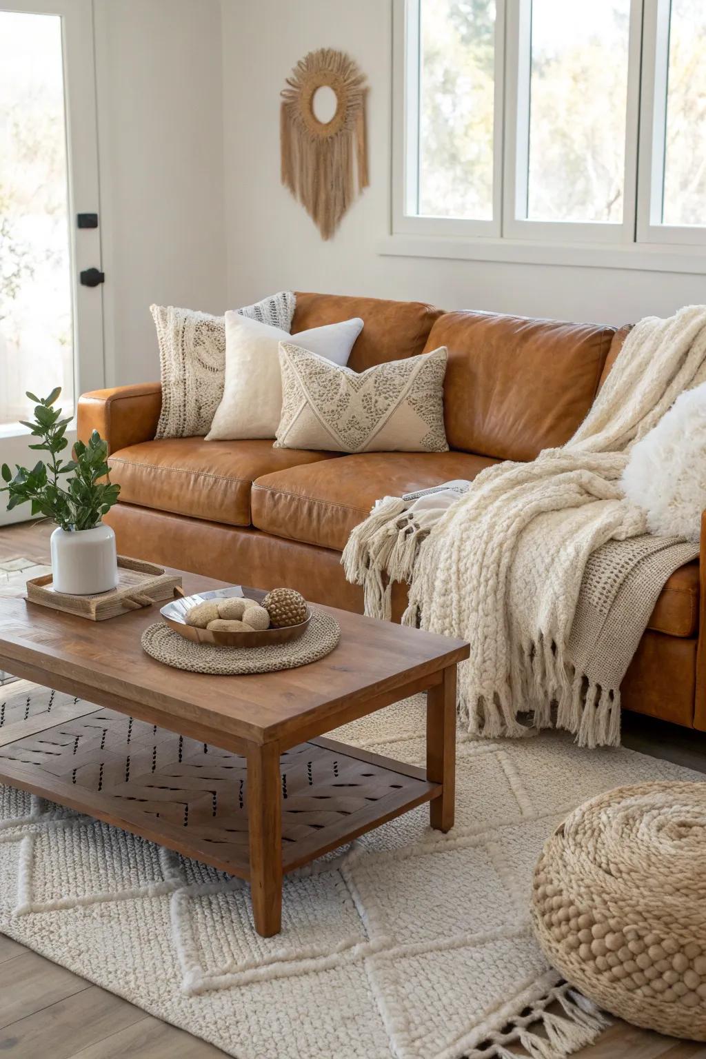 Wrap yourself in comfort with textured accents that make your cognac couch irresistible.
