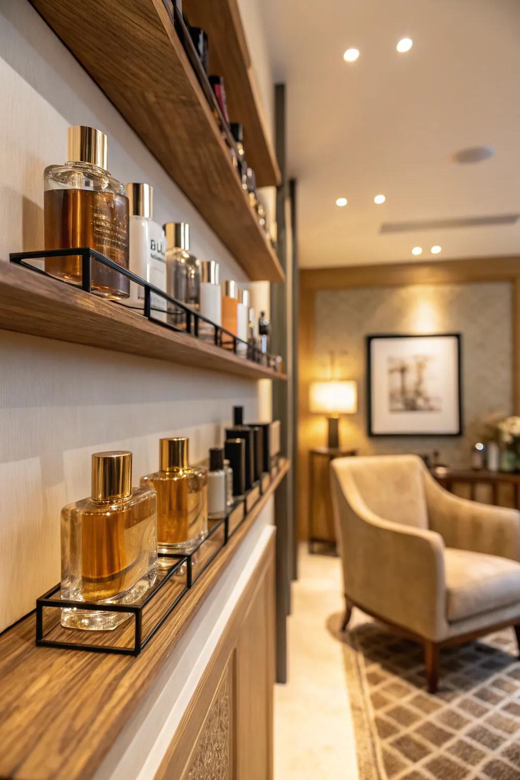 Turn your cologne collection into a work of art with wall-mounted shelves that add a decorative touch.