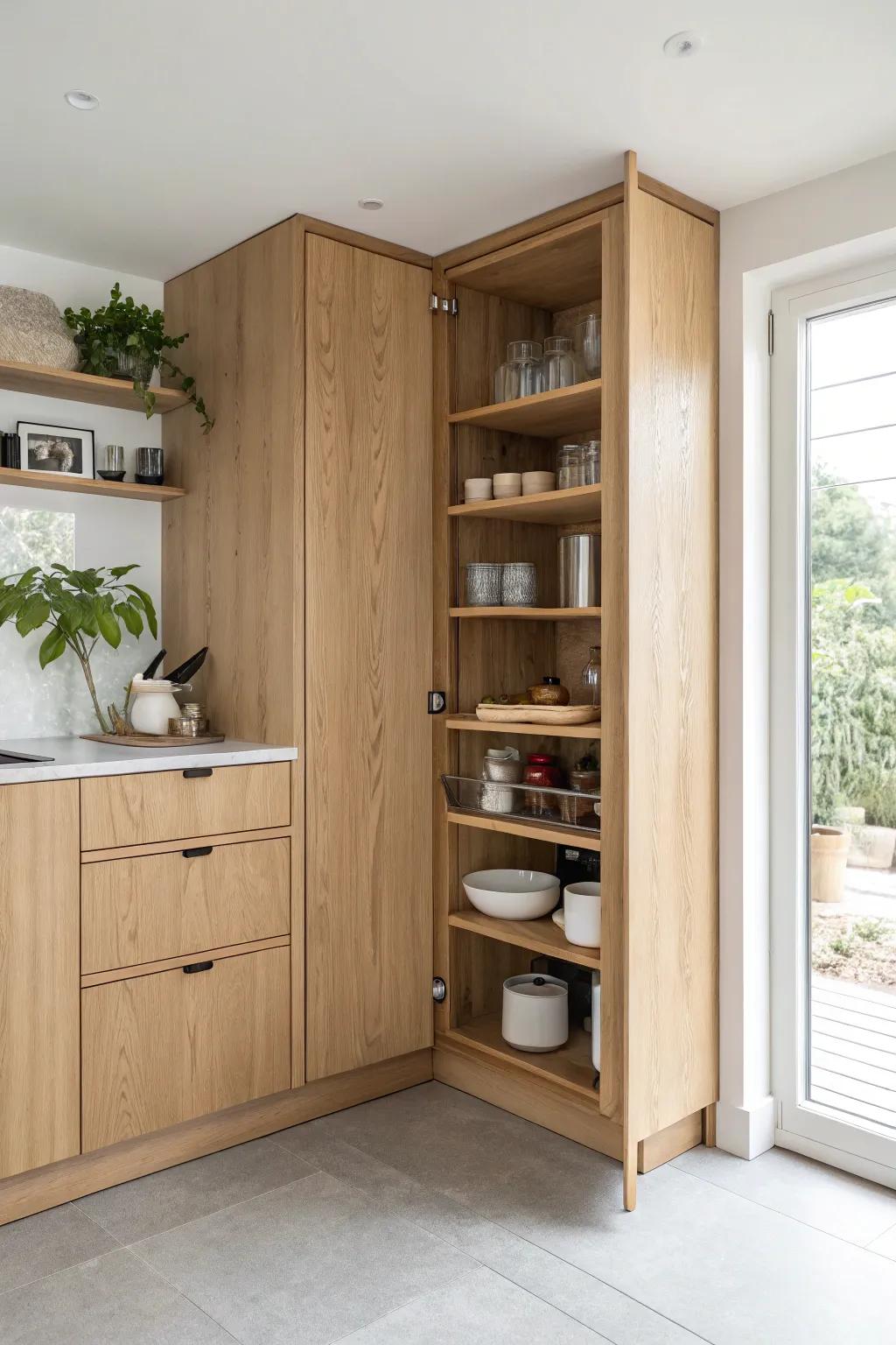 Swing your way to an organized kitchen with these clever shelves. #CornerSolutions #KitchenMagic