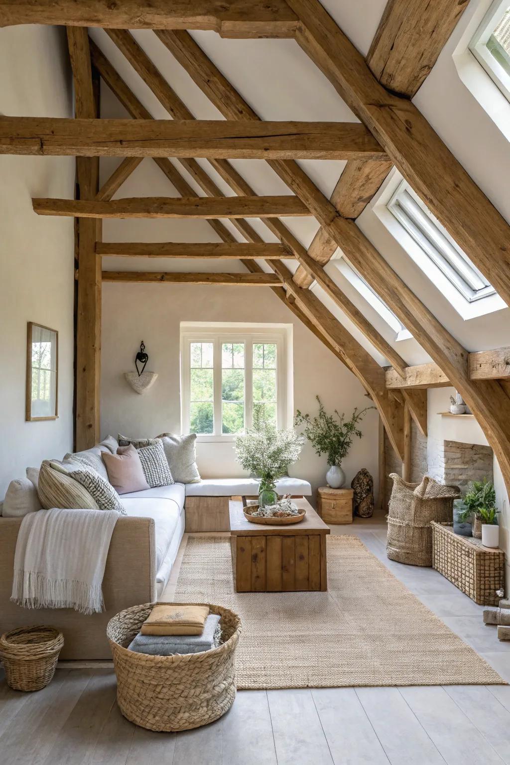 Wooden elements ground the space, adding warmth and rustic charm.