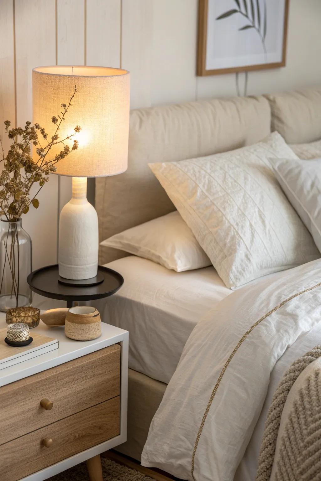 Create a serene ambiance with soft lighting that enhances your cream bedding.
