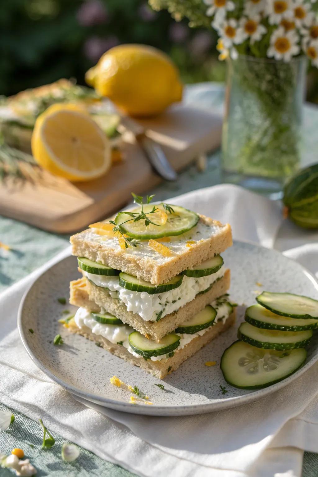 Brighten your table with the zesty freshness of lemon-infused cucumber sandwiches.