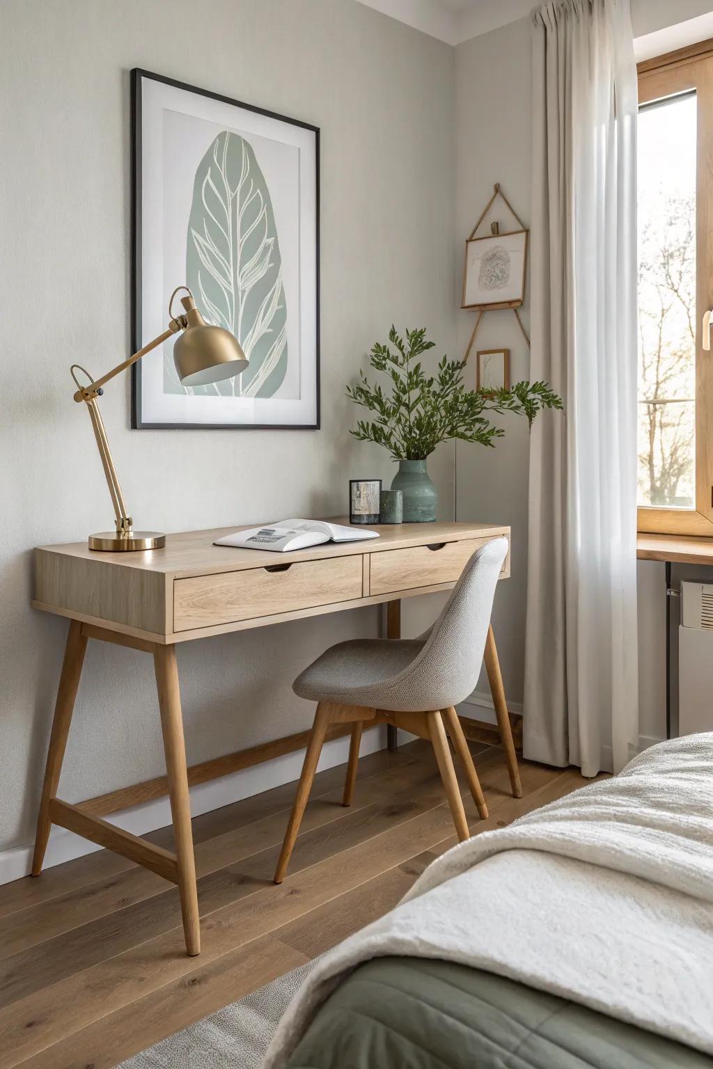 A well-decorated desk enhances the room's ambiance, merging functionality with style.