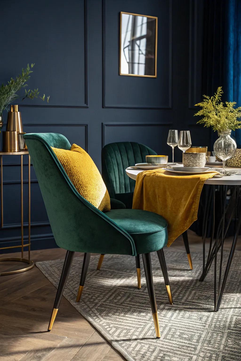 Elevate your dining room with the luxurious texture of velvet for a regal touch.