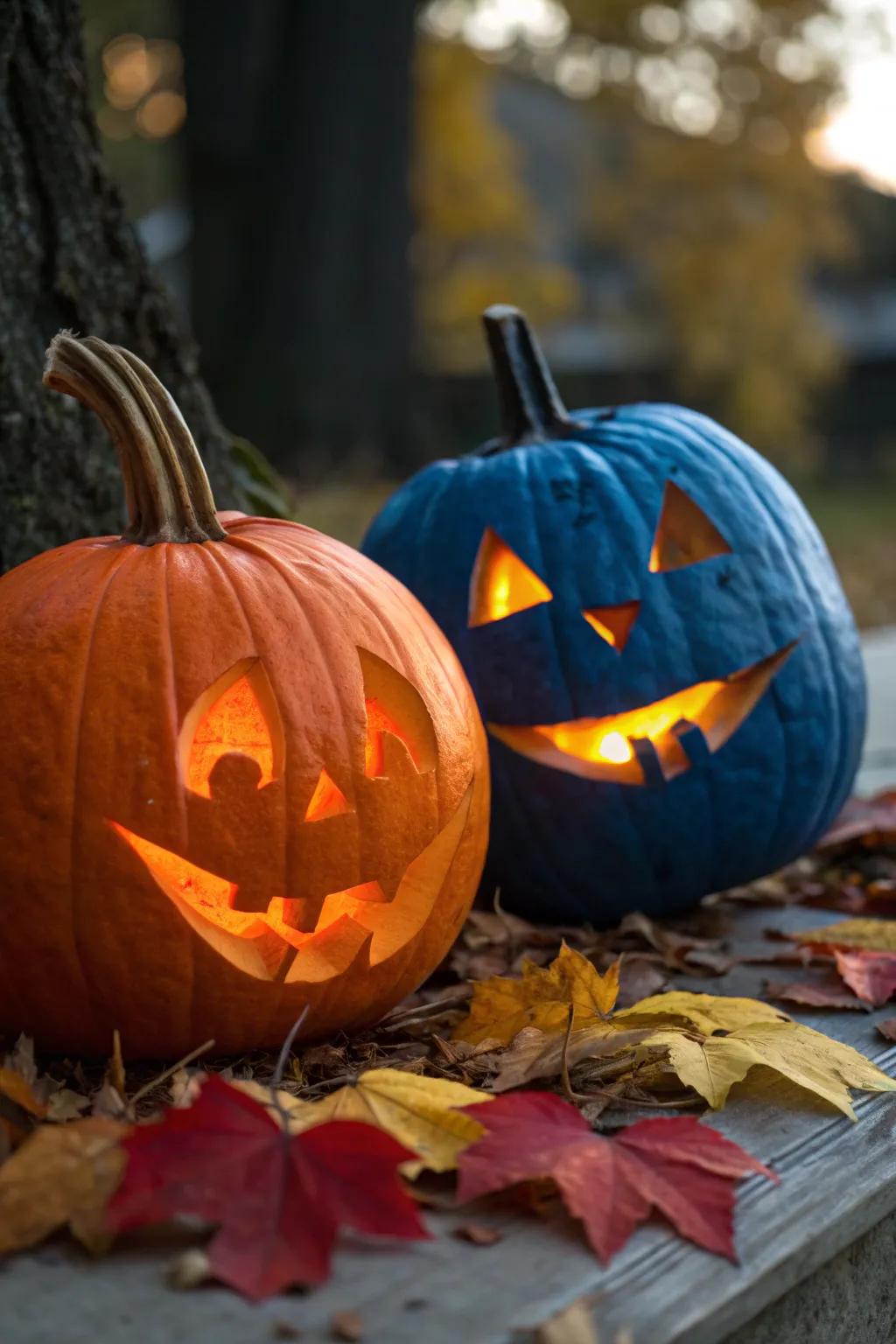 Embrace the balance of light and dark with these contrasting pumpkin carvings. 🌗 #LightAndDark #PumpkinArt