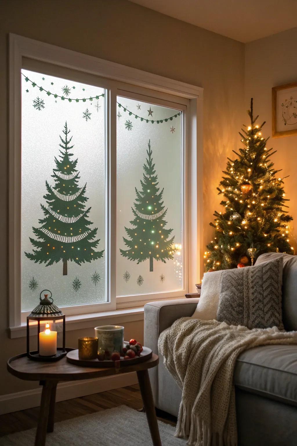 Elegant tree silhouettes bring a chic, festive feel to your windows, perfect for a subtle holiday touch.