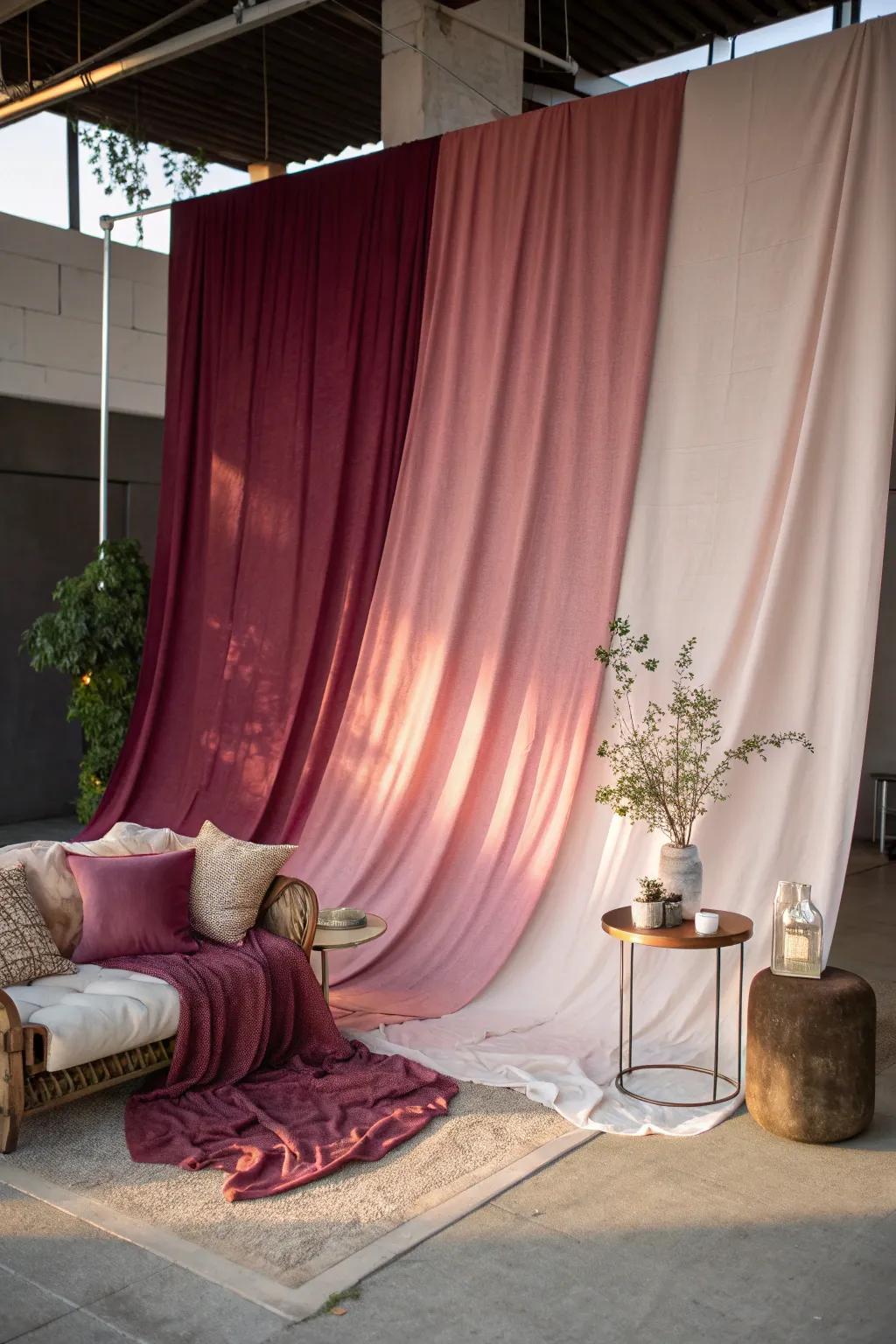 Add a touch of artistry with an ombre fabric backdrop that captivates the eye.