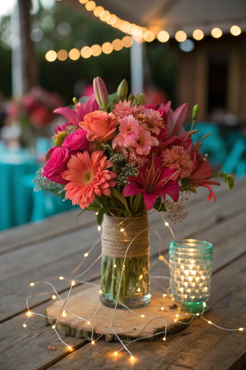 Bring the outdoors in with this enchanting mix of flowers and fairy lights.