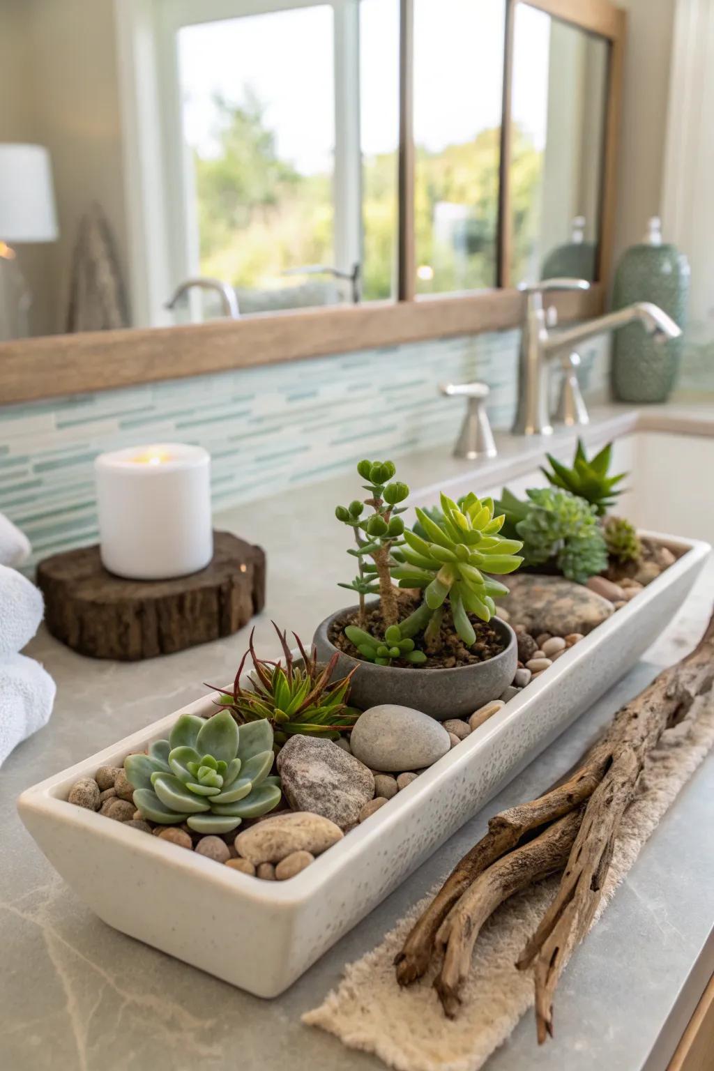 Bring nature indoors with a charming succulent arrangement. #Greenery #BathroomStyle