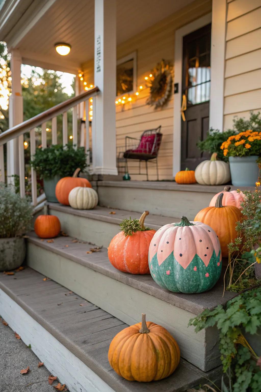 Elevate your porch with a vibrant pumpkin patch display that captures the essence of fall.