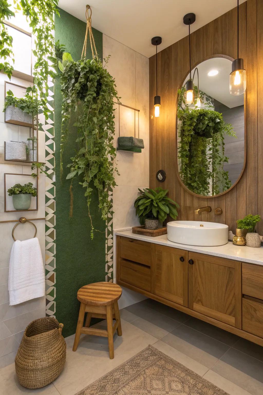 Maximize your vertical space with wall-mounted planters that add lush greenery to any small bathroom.