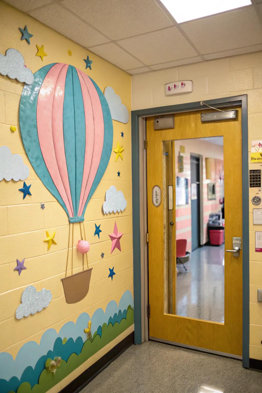 Welcome students with a burst of color and positivity through a hot air balloon door display.