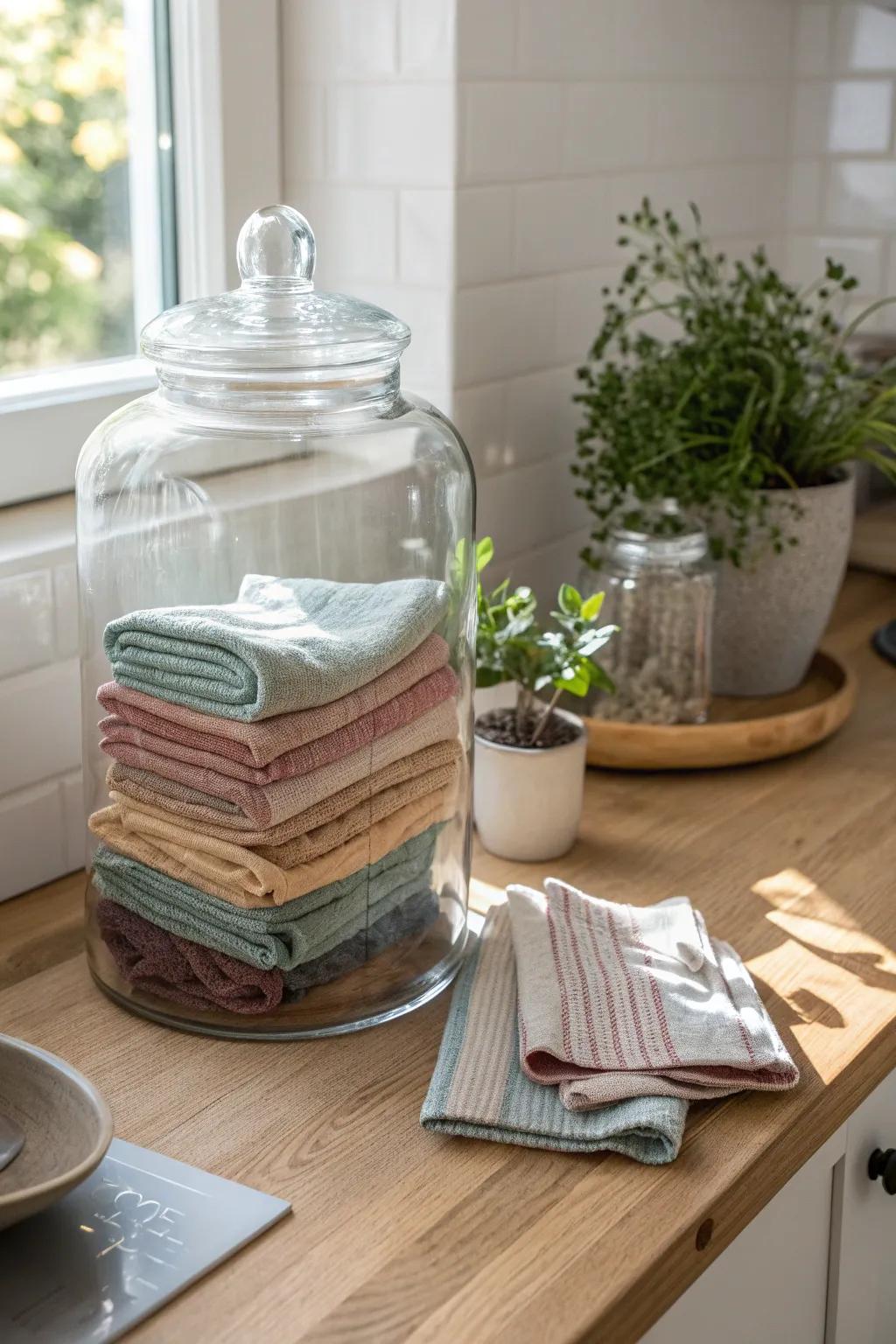 Add a whimsical touch to your kitchen with napkins stored in charming glass jars.