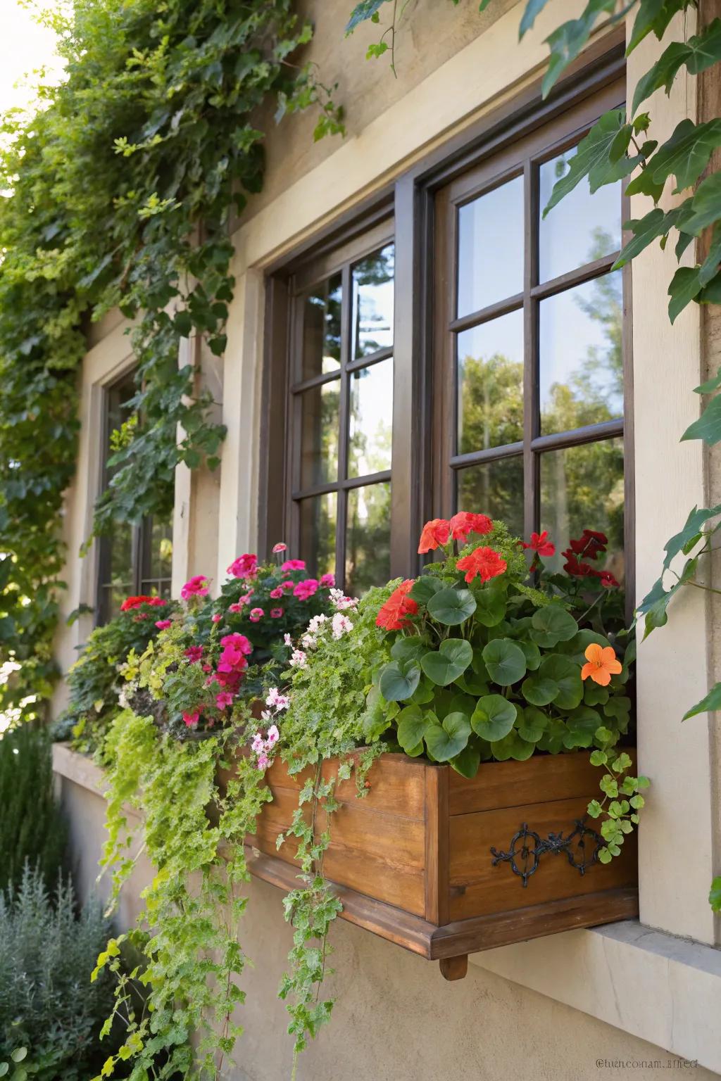 Brighten your windows with a box of vibrant seasonal flowers.