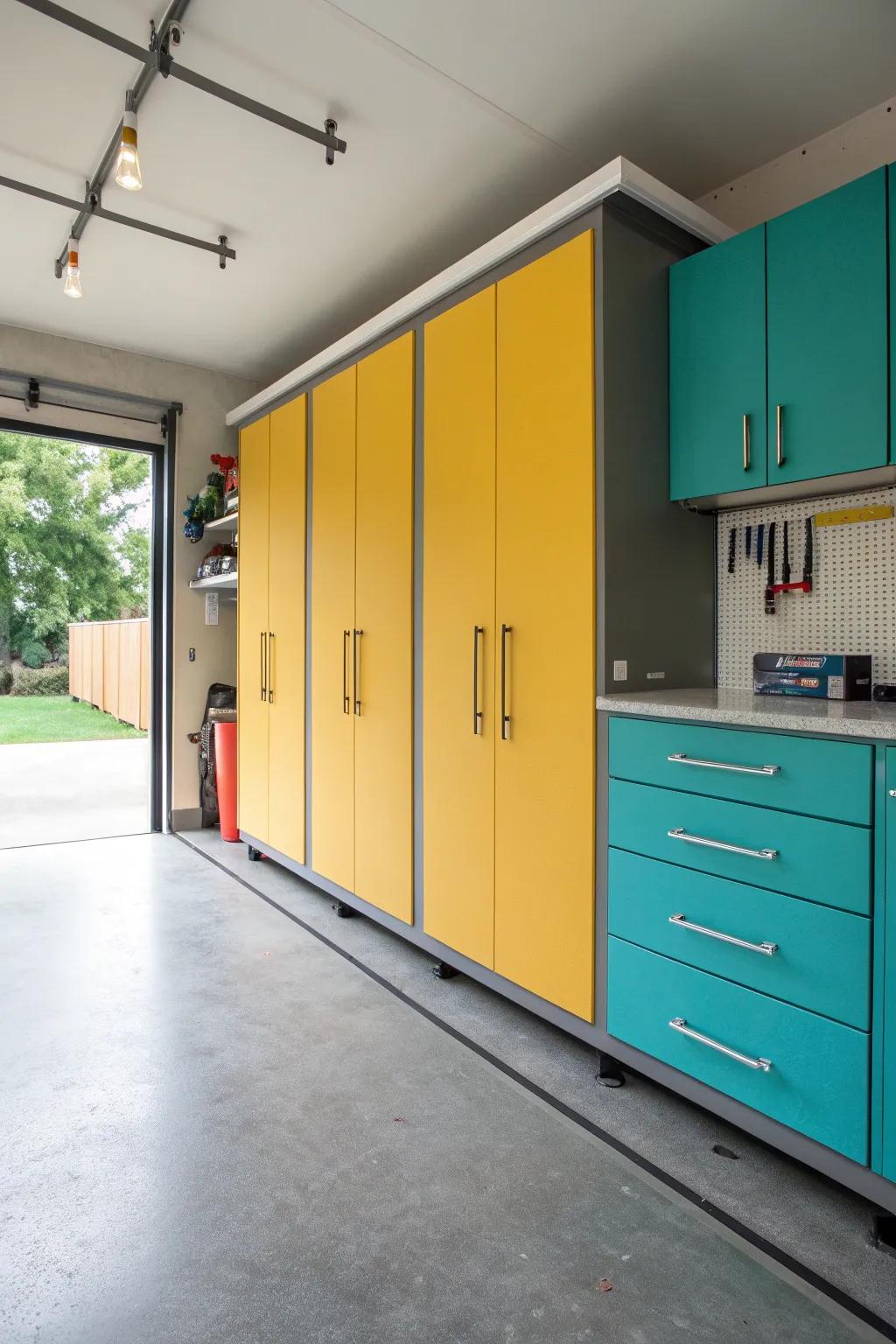 Add a splash of color to your garage with a mix of cabinet hues. Brighten your space with personality!