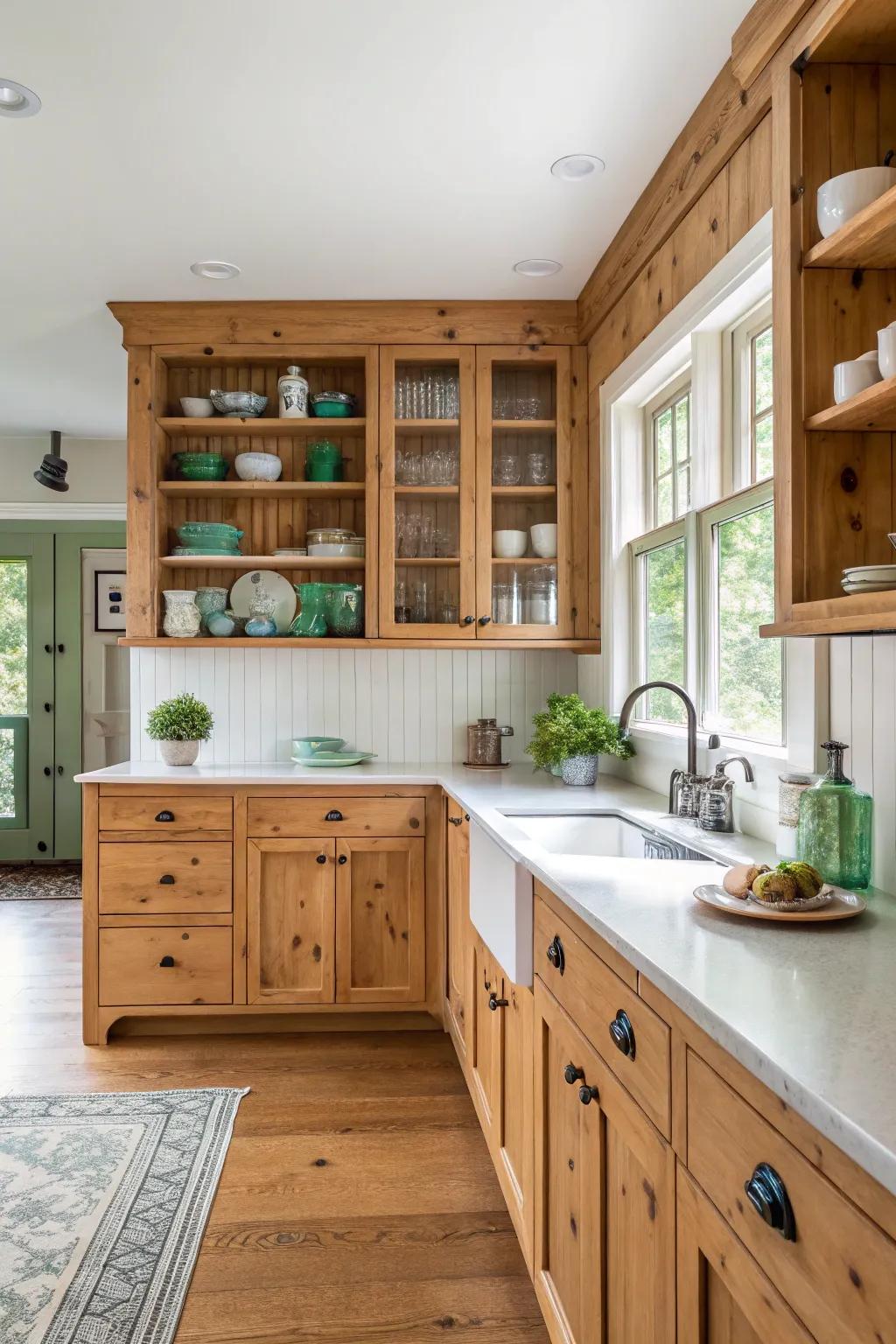 Combine style and functionality with open shelving in your knotty pine kitchen.