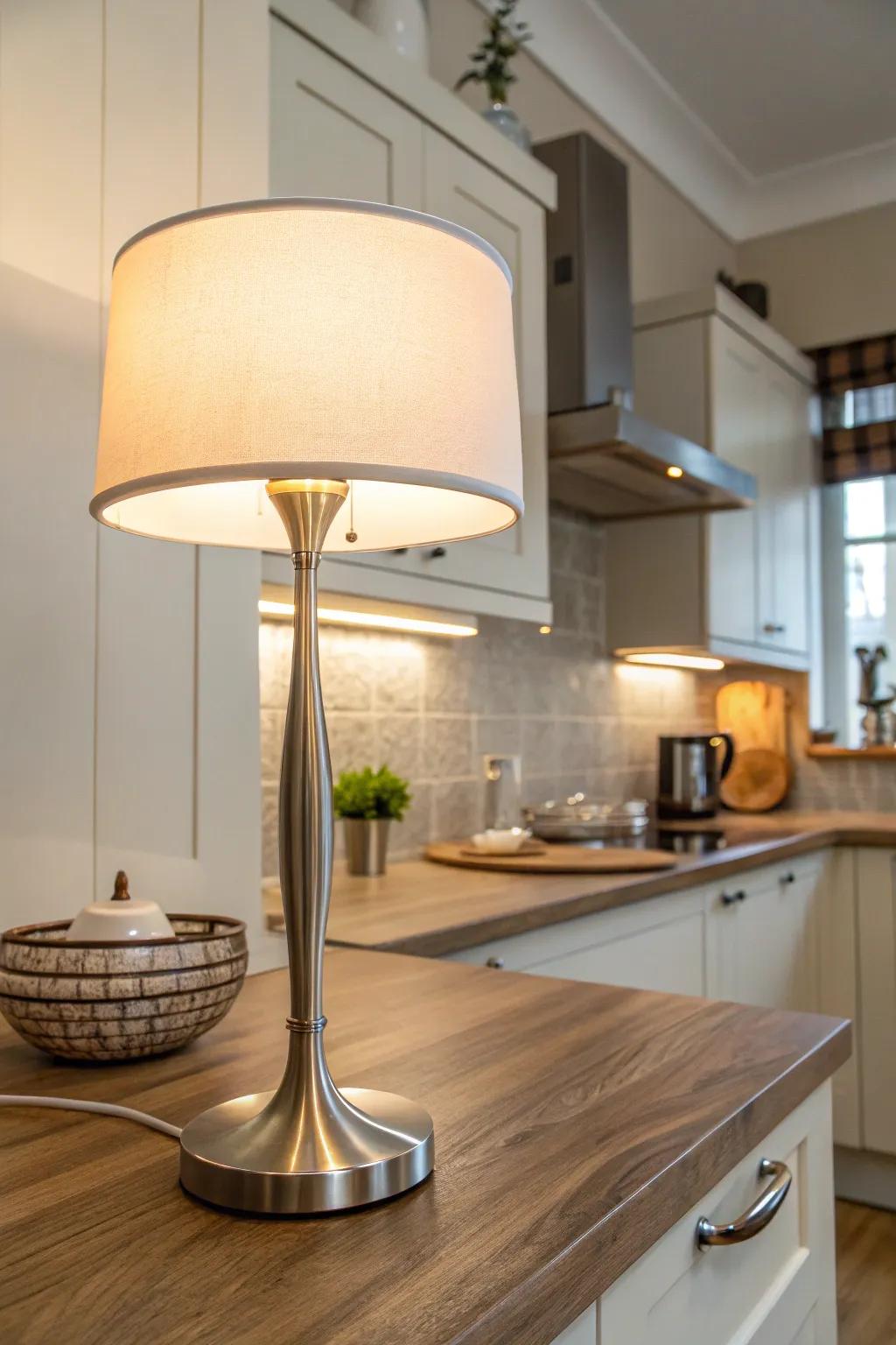 Elevate your kitchen's elegance with a modern, minimalist lamp.
