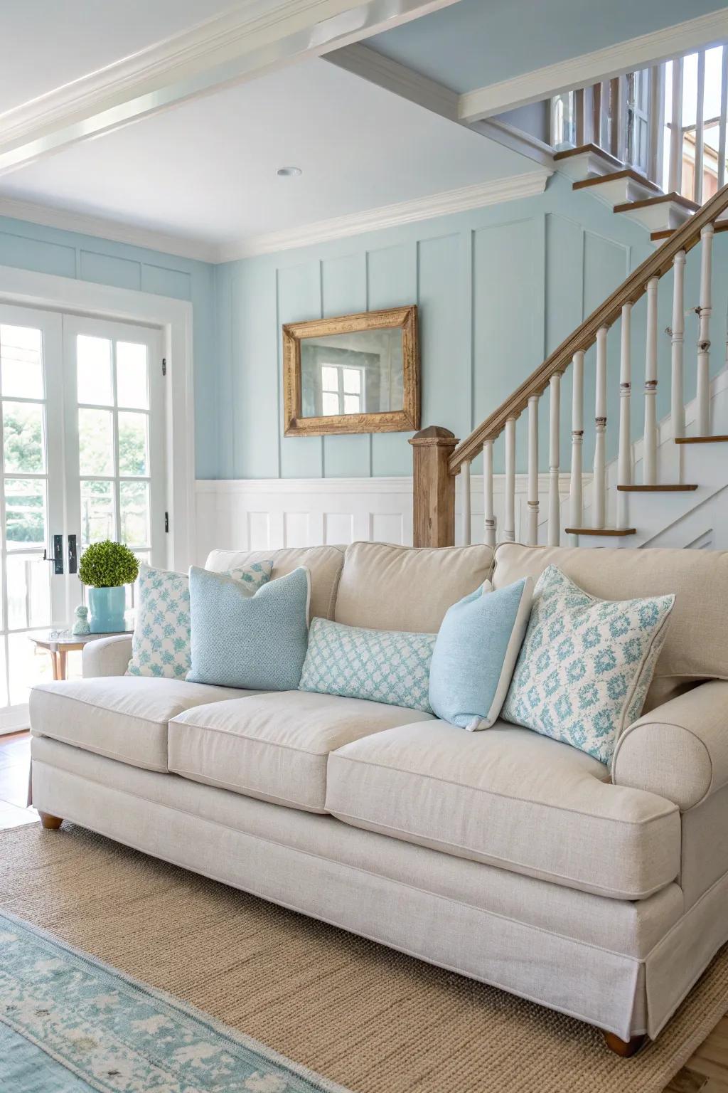 Keep it light and airy with white furniture against a blue backdrop.