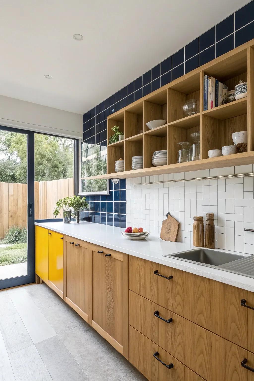 Make a statement with bold color-blocked tiles that catch the eye and add personality to your kitchen.