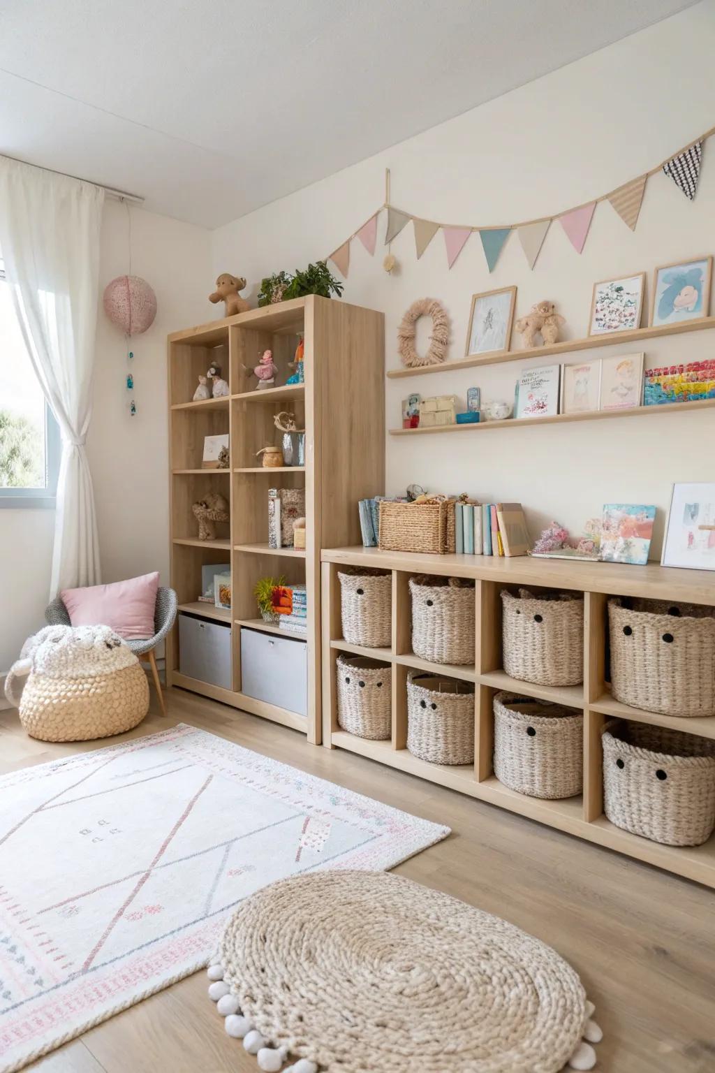 Organized playrooms with stylish storage keep toys tidy and within reach for endless fun.