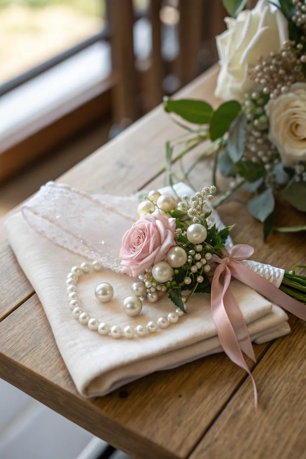 Sophistication and grace shine through in this pearl-embellished corsage. 🌸 #ElegantGift #PearlCorsage #DecorInspiration