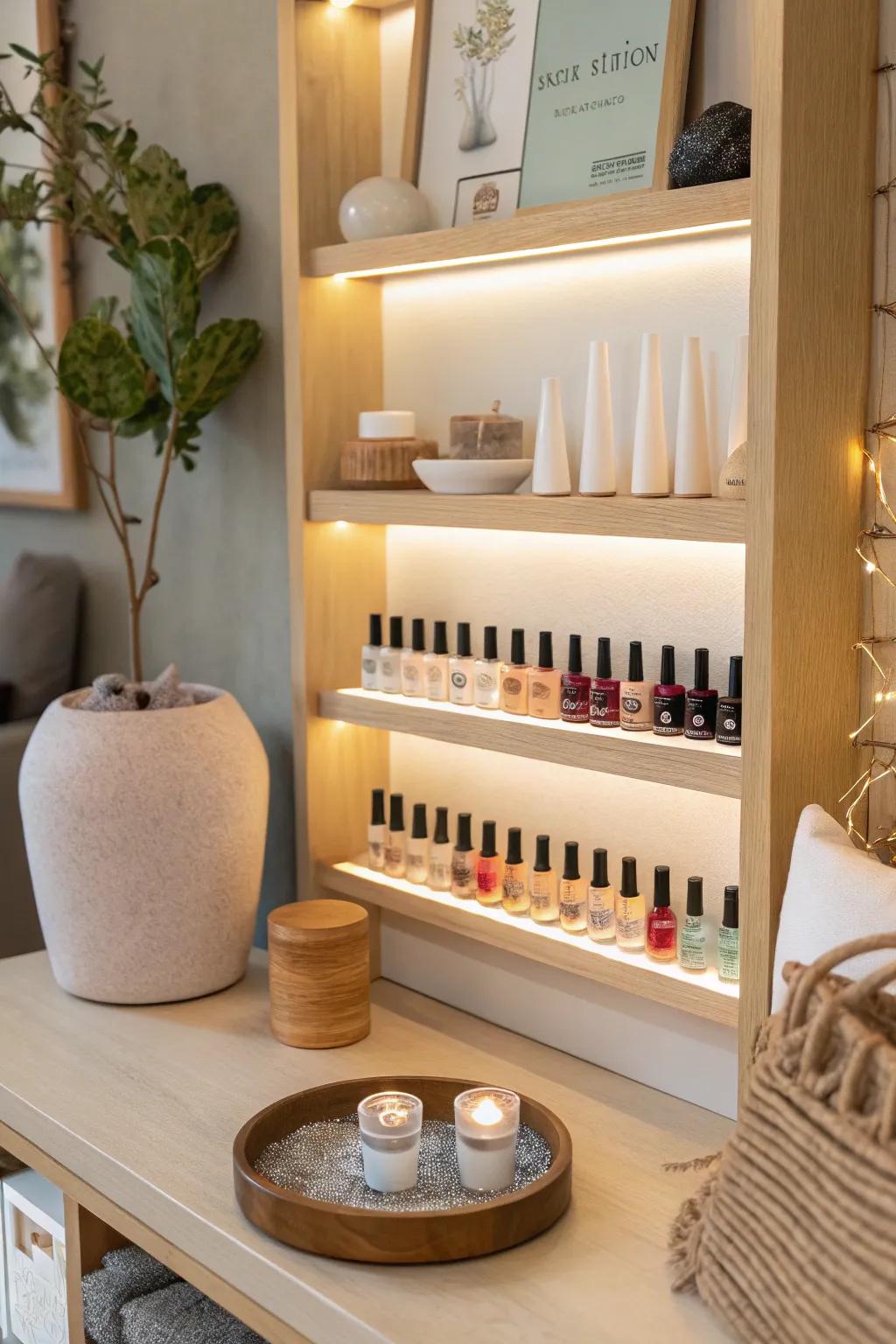 Brighten up your polish display with enchanting lighting that adds a magical touch to your decor.