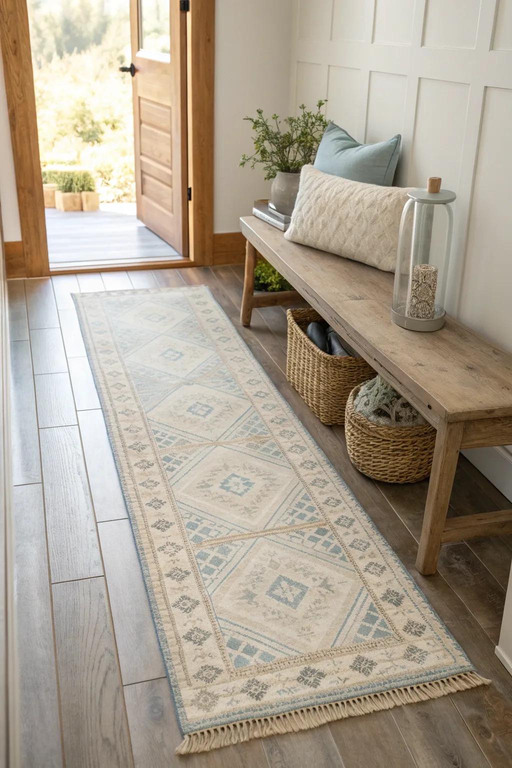 A vibrant runner breathes life into a narrow hallway, creating a cozy pathway through your home.