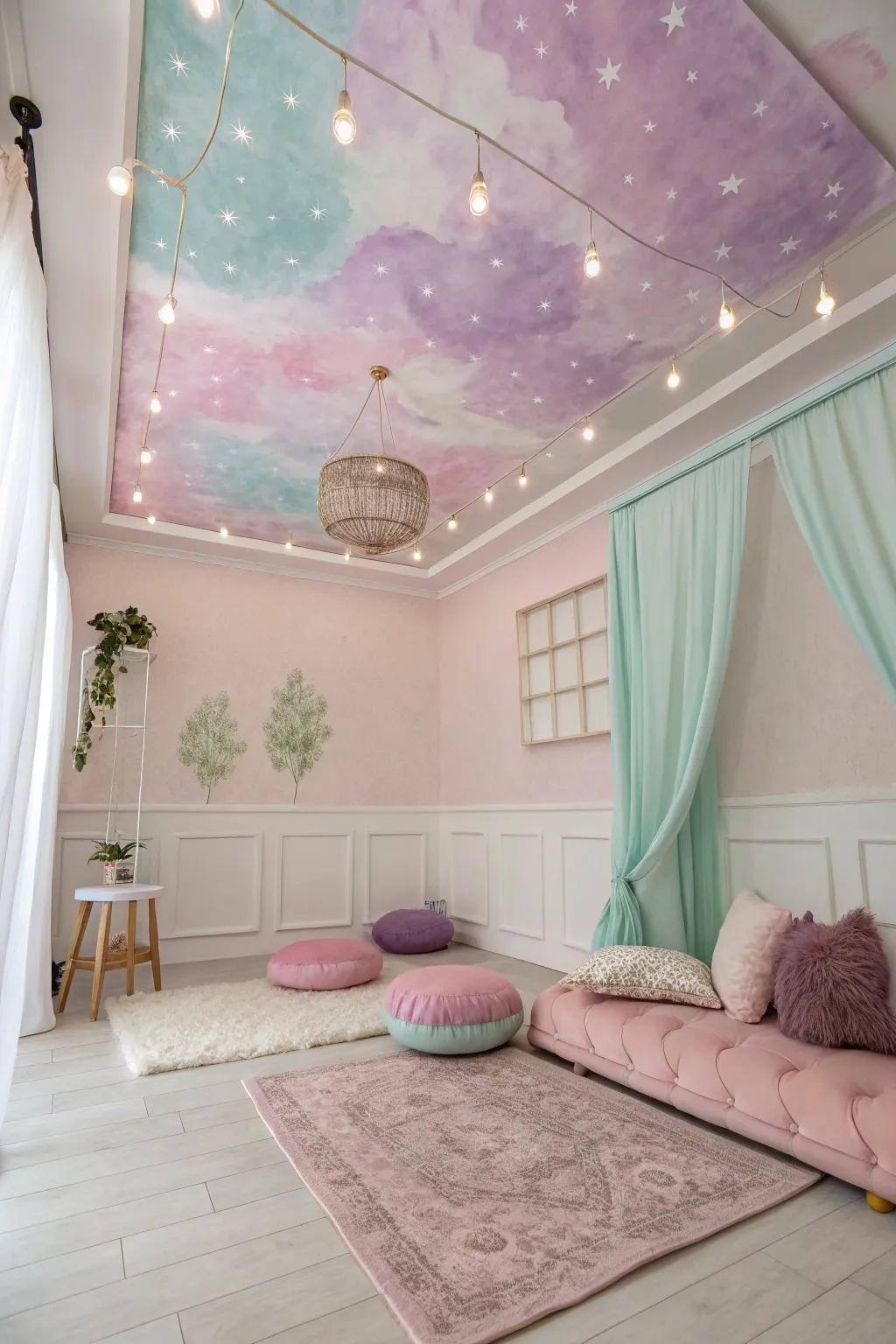 Create a serene retreat with pastel hues on your ceiling for a peaceful, dreamy vibe.