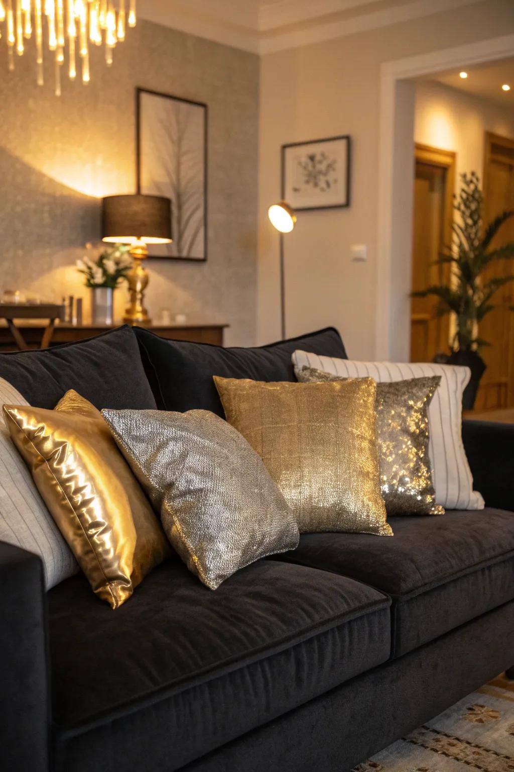 Turn up the glam with gold and silver pillows that add a luxurious touch to your black couch. ✨ #LuxuryLiving #HomeStyle