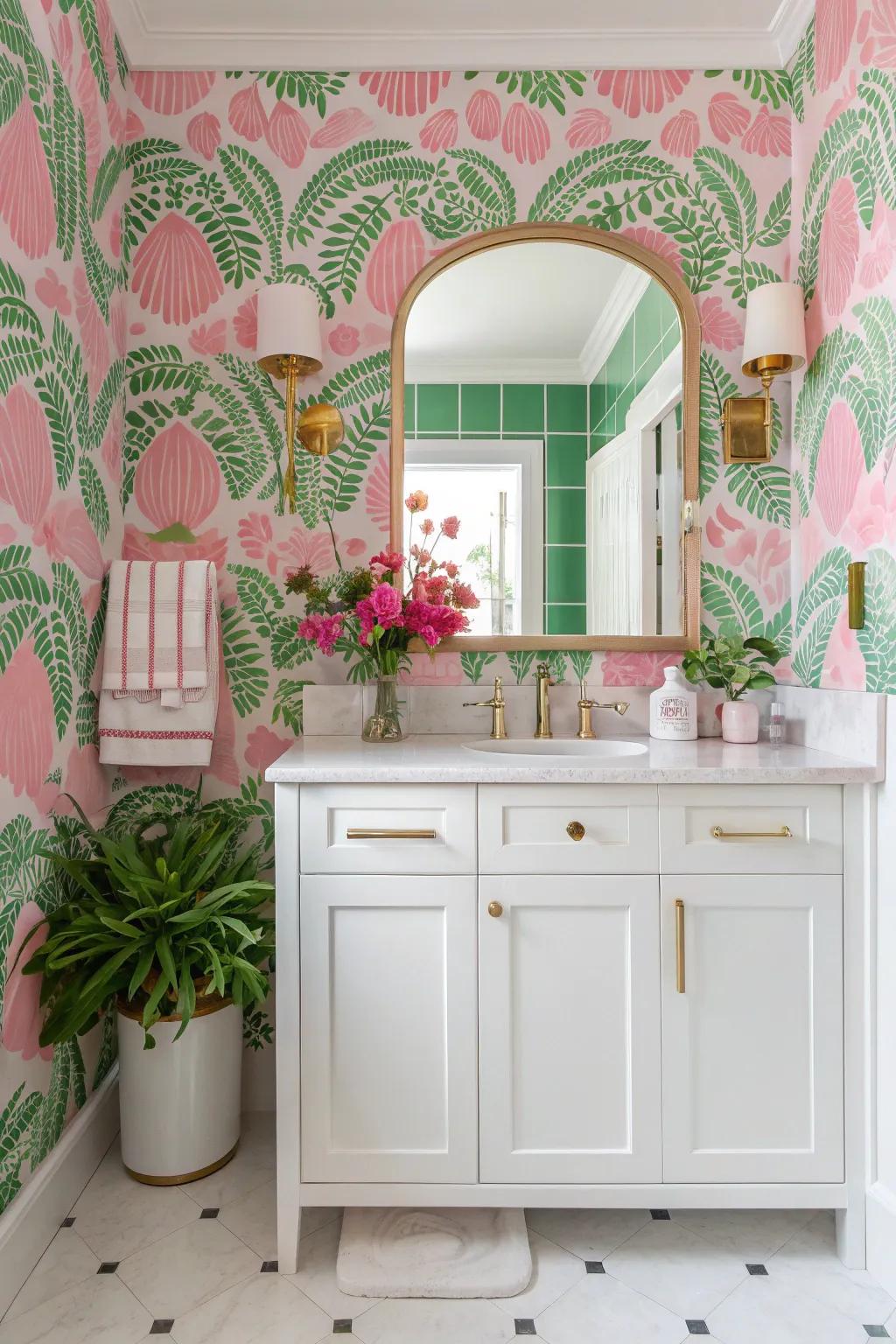 Transform your space with botanical wallpaper in pink and green for a curated, unique look.